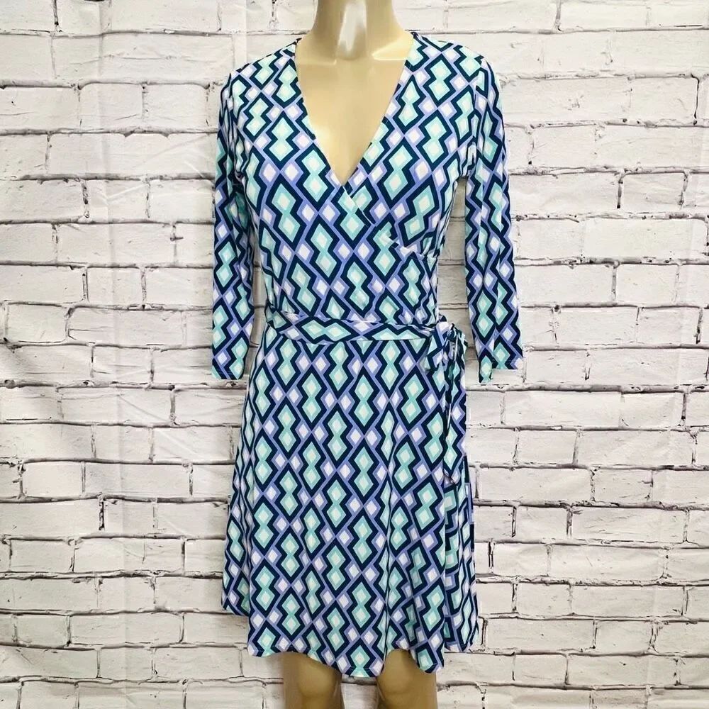 Leota Womens Blue Geometric V-Neck Belted Long Sleeve Wrap Dress Size Small